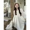 Tiro real~2026 Otoño Nuevo Estilo Bai Ri Shu Man Botón de Madera Vestido Plisado Casual para Mujer Falda Larga