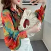 Camisa de Abrigo Versátil para Primavera Diseño con Sentido de la Moda Nicho Holgada Manga de Linterna Top de Moda Holgado con Estampado para Mujer