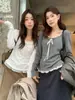 Blusa Fashionável Versátil Slim Fit Manga Longa Gola U Babado Laço Estilo Coreano Outono Chá Verde Limão 11289