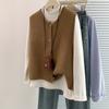 Foto Real de Chaleco de Punto Retro Francés Pequeño Botón Dorado Cuello Redondo para Mujer, Suelto Estilo Coreano Versátil Suéter de Capa para Otoño