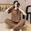 Pijama para Mujer, Primavera y Otoño, Estilo Coreano Ins Algodón Manga Corta Pantalón Largo, Dulce Casual Rayas Conjunto de Ropa de Casa para Niña