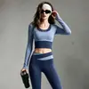 Conjunto de Yoga con Bloques de Color y Costuras para Mujer Manga Larga con Almohadillas en el Pecho Pantalones de Yoga de Cintura Alta Cubre Imperfecciones Muestra Piernas Delgadas Conjunto Deportivo de Fitness