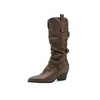 Botas Altas de Punta Aguda Estilo Vaquero Vintage Otoño/Invierno 2026, Tallas 40-45, Botas Apiladas de Tacón Alto Grueso Fruncidas para Mujer