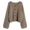 Cardigan de Tricô com Manga Lanterna Estilo Coreano para Mulheres, Novo Suéter de Outono Estilo Preguiçoso Solto, Peça de Roupa Externa Simples e Elegante, Tendência