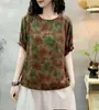 Camiseta artística de algodão e linho, top feminino colorido, solto, casual, retrô, viajante, verão, manga curta, estampado, camiseta da moda