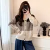 Cardigan Tricot Manga Longa Color Block Estilo Preguiçoso Retrô Feminino Outono Inverno Tamanho Plus Size Gordinha MM Casaco Suéter Versátil Redutor de Idade