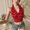 Camisola roja retro halter para mujer, ropa exterior de verano, hermosa espalda, top corto sin espalda, top de tiro alto