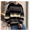Suéter Rayado de Bloques de Color de Moda para Hombre Otoño e Invierno Estilo Japonés Holgado Cuello Redondo Pulóver Prendas de Punto de Moda Suéter Chaqueta Retro