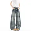 Jeans Vintage Azules con Patrón de Bambú y Dobladillo Curvo para Hombre, Estilo Primavera y Otoño, Lavados y Desgastados, Pantalones Rectos Sueltos de Pierna Ancha Estilo Americano