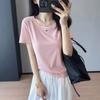 Gola Artesanal de Três Anéis, Uma Peça de Lyocell Tencel + Algodão Fina Cor Pura Simples Gola Redonda Manga Curta Camiseta para Mulheres L0529Y