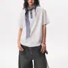 Camiseta de Manga Curta com Gola Patchwork Estilo Náutico Verão Novo Design Solta Casual Versátil para Casal