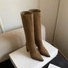 Botas de Cano Alto Longas Europeias Mais Vendidas 8,5cm Novo Estilo Outono e Inverno Bico Fino Salto Bloco Altura do Joelho Elásticas Emagrecedoras para Mulheres