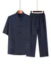 Conjunto de dos piezas de verano fino de manga corta estilo Tang para papás, atuendo estilo chino para hombres de mediana edad y ancianos, traje de ejercicio matutino de abuelo