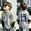 Ropa interior térmica casual de forro polar alemán con retazos moderna y genial para niños, Otoño Invierno, Niños Medianos y Grandes, Ropa interior cálida, Top de cuello redondo de dos piezas falsas, Moderno