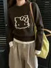 Suéter Jacquard de Gato de Dibujos Animados con Cuello Redondo Estilo Coreano para Mujer Otoño Invierno 2026 Nuevo Manga Raglán Suave Holgado de Punto Top