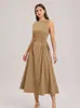 Vestido Largo Sencillo de Cuello Redondo sin Mangas para Mujer, Cinturón para Cintura Ceñida y Adelgazante, Falda Evasé Ancha Vestido de Oficina