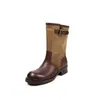Botas de media pantorrilla para mujer hechas de piel de vaca de capa superior y gamuza, nuevo estilo otoño e invierno, punta redonda, tacón medio, botas de montar sin cordones