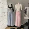 Pantalones de Lino con Ribete de Encaje|Pantalones de Verano de Dos Tonos con Cordón~ ¡Mantente Fresco y Cómodo Todo el Verano! Rosa Pétalo y Azul Leche