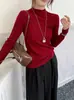 Top base de lã fina com malha fina, corte slim, para mulheres, manga longa, gola alta discreta, fino, roupa de baixo para outono, estilo coreano