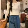 Otoño e Invierno Cuello Redondo Ajustado Ceñido Manga Larga Tejido Básico Suéter Corto Versátil para Mujer Ropa Interior Negro Talla Única