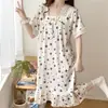 Camisola de Manga Curta de Verão Crepe de Algodão Imitação Algodão Bolha Renda Pijama Vestido Amplo Plus Size Roupa de Casa