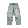 Jeans Lavado com Efeito Desgastado e Rasgado, Estilo Japonês Retrô Tendência, Perna Reta para Homens, Caimento Solto de Outono, Calça Longa Estilosa e Versátil