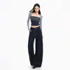 Pantalones casuales rectos de corte holgado para mujer, estilo americano, cordón, de largo hasta el suelo, azul denim, pantalones azul denim extralargos