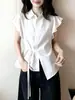 Estilo Verano 2026 Nuevo Estilo Intelectual Camisa Blanca con Mangas Volantes para Mujer, Solapa para Atar, Top Elegante con Acabado de Alta Gama