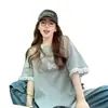 Camiseta de Algodón Puro con Encaje Splicing de Estilo Suave para Mujer, Tendencia Caliente de Verano, Corte Holgado con Lazo y Diseño de Pedrería, Top Elegante