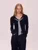 Camiseta Tricô Azul Marinho Retrô Gola Azul Falso Duas Peças Manga Longa Design de Malha Top de Nicho para Mulheres Outono 2025