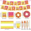 Decoraciones para Fiesta de Cumpleaños Temática de Donas, Platos de Papel Desechables, Servilletas, Vasos de Papel, Cubiertos y Vajilla