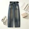 Jeans de Pierna Ancha Tiro Alto Personalizados para Mujer, Pantalones Largos Rectos Sueltos Retro Adelgazantes, Moda Casual Versátil para Otoño