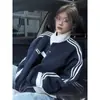 Chamarra sudadera a rayas estilo americano transfronteriza para hombres y mujeres, chaqueta tipo béisbol color block para otoño e invierno, chaqueta estilo universitario con cuello alto