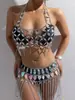 Nueva joya AYJ de cruce fronterizo europeo y americano: conjunto de sujetador hueco con piedras de imitación, bikini y falda de tirantes con flecos