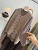 Chaleco de Punto Suelto con Cuello en V y Efecto Jaspeado Retro para Mujer Camiseta de Manga Larga para Superponer Conjunto de Dos Piezas Moda Coreana Nueva de Otoño Top