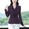 Elegante Camisa de Chiffon com Babados Estilo Francês 2026 Primavera e Outono Nova Camisa Roxa de Decote V de Alta Qualidade que Realça a Tez