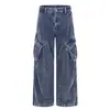 Y6107 Pantalones cargo de pana retro de alta calle americana para hombre y mujer, diseño multibolsillos, corte holgado de pierna ancha para hombre