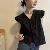 Camisa Superior Jacquard Simple Versátil de Cuello V Nueva de Verano para Mujer Mangas Acampanadas Moda Chic Reductora de Edad Camisa para Mujer