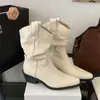 Botas Acumuladas Plisadas Estilo Retro Otoño e Invierno 2026 Nuevo Estilo Tacón Grueso Vaquero Occidental Puntiagudas Botines Cortos para Mujer