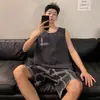 Pijama Masculino Transfronteiriço Verão Fino Estilo Coreano Regata Shorts Solto Casual Plus Size Roupa de Casa Conjunto Outwear