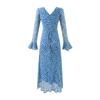 Vestido Azul Floral Fresco con Cuello en V para Mujer 2025 Otoño Delgado Estilo Vacacional Vestido de Cintura de Manga Larga