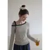 Camiseta de manga larga con bloques de color a rayas y tirantes en los hombros estilo coreano de Forever21 para mujer, top corto ajustado de otoño
