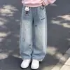 Conjunto de dos piezas para niña de principios de otoño, casual, juguetón, top azul marino con cuello de color contrastante, estilo coreano, dulce, lindo, con conejito, jeans