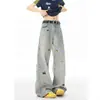Jeans Bordado Divertido de Cachorro Estilo Americano para Outono, Unissex, Calças Wide Leg Lavadas Vintage Tendência, Calças de Cintura Alta Emagrecedoras de Comprimento Total