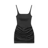 Vestido justo sexy estilo francês, sem mangas, com decote quadrado e alças, acinturado, franzido, vestido camisola curto midi