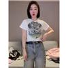Camiseta de Manga Corta y Cuello Redondo con Estampado de Letras Retro Americano para Mujer en Verano, Suelta y Chic, Top Corto con Hombro Descubierto Derecho