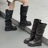 Botas altas de plataforma con hebilla de cinturón plisada para mujer, nuevas botas de moda estilo retro europeo y americano para otoño e invierno, botas de equitación