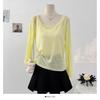 Dulce Top de Punto de Manga Larga con Cuello Redondo Calado y Volantes, Verano Delgado Semitransparente Jersey Blusa Holgada para Mujer