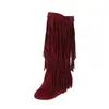 Botas de Gamuza para Mujer con Punta Redonda y Aumento Interno, Botas de Calle de Moda, Botas de Caña Alta con Borlas, Talla Grande 801