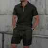 Amazon Verano Transfronterizo Hombres Nuevo Waffle Cremallera Color Sólido Cuello Camisero Manga Corta Camiseta y Shorts Conjunto Casual